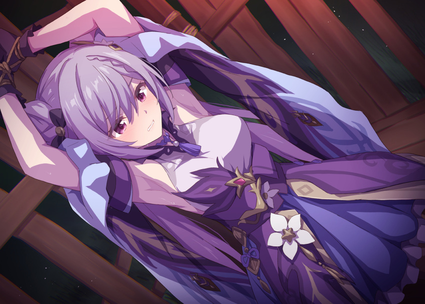 1girl armpits arms_up bangs bare_shoulders blue_skirt blush breasts clenched_teeth dress genshin_impact gloves hair_cones hair_ornament keqing_(genshin_impact) large_breasts long_hair marugoshi_(54burger) purple_dress purple_eyes purple_gloves purple_hair restrained rope skirt solo swept_bangs teeth twintails