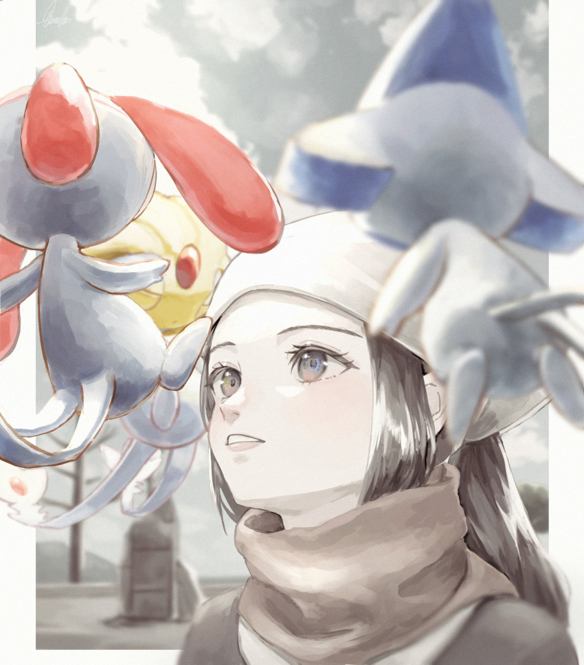 1girl akari_(pokemon) azelf black_hair close-up commentary_request etsuko_pkmn floating hat highres mesprit muted_color pokemon pokemon_(creature) pokemon_(game) pokemon_legends:_arceus scarf solo_focus teeth uxie