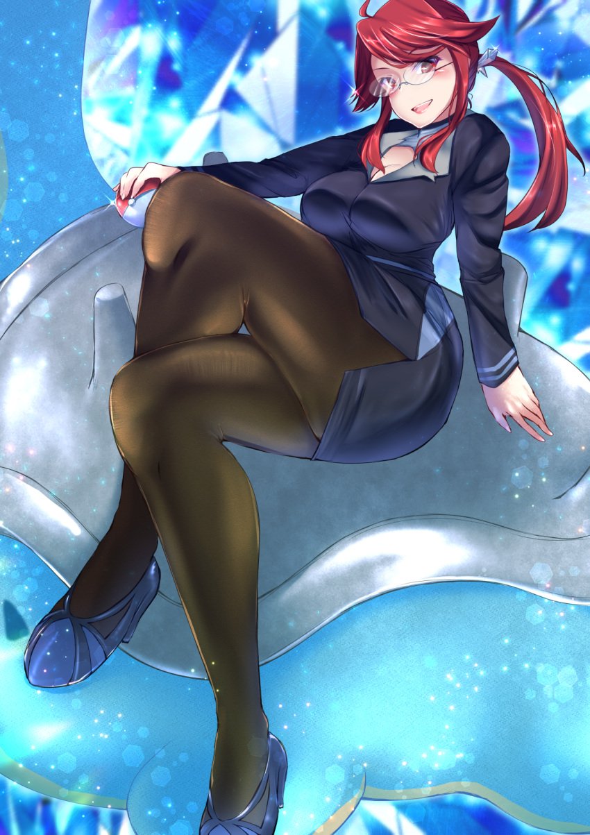1girl breasts business_suit cleavage cleavage_cutout clothing_cutout cronose444 elite_four formal glasses highres jacket laplace lapras large_breasts let's_go! lorelei_(pokemon) pantyhose pokemon pokemon_(game) ponytail red_eyes red_hair side_slit sidelocks skirt suit turtleneck
