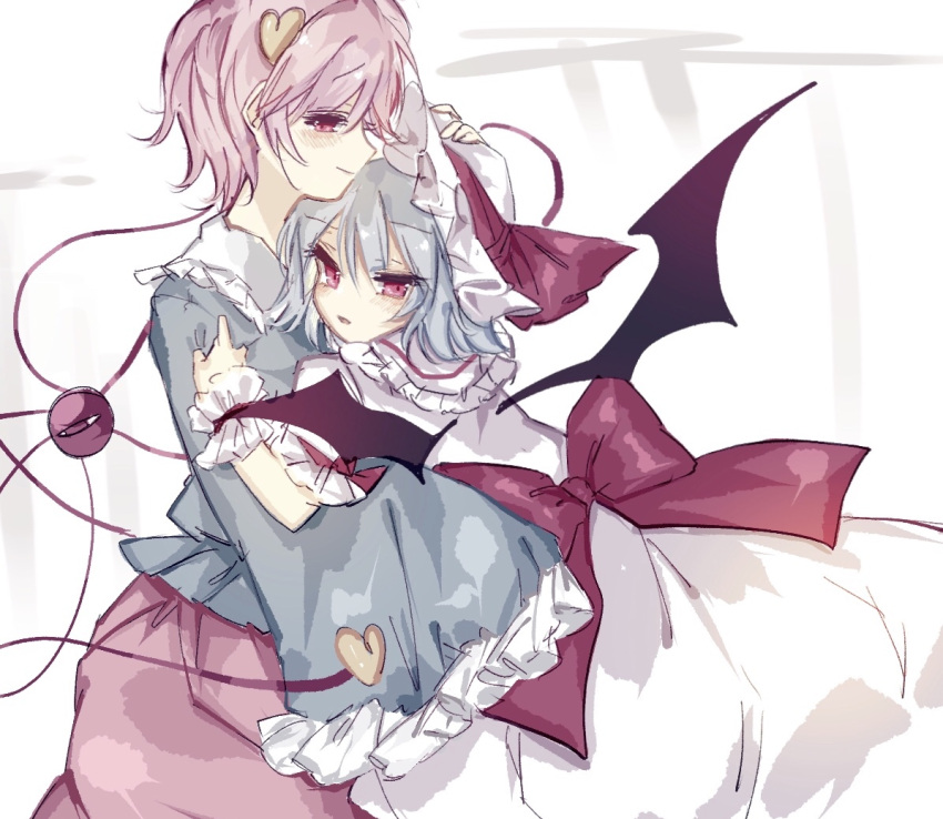 2girls bat_wings blouse blue_blouse blue_hair collared_blouse dress eyeball frilled_sleeves frills hairband hat heart komeiji_satori long_sleeves mob_cap multiple_girls pink_dress pink_eyes puffy_short_sleeves puffy_sleeves purple_hair red_eyes remilia_scarlet short_hair short_sleeves sorani_(kaeru0768) third_eye touhou white_background wide_sleeves wings