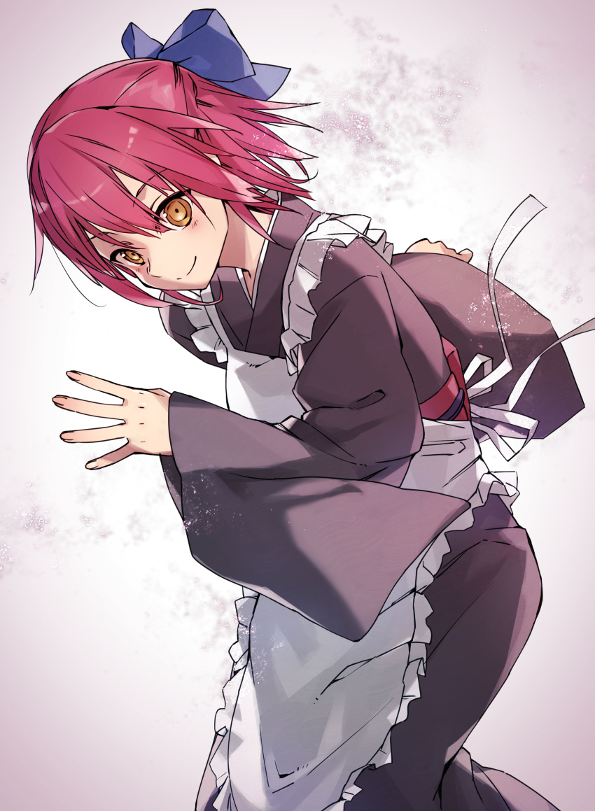 1girl absurdres apron bangs bow closed_mouth eyebrows_visible_through_hair hair_between_eyes hair_bow highres japanese_clothes kimono kohaku_(tsukihime) long_sleeves purple_bow purple_kimono red_hair shigure_(shigure_43) shiny shiny_hair short_hair smile solo tied_hair tsukihime white_apron wide_sleeves yellow_eyes