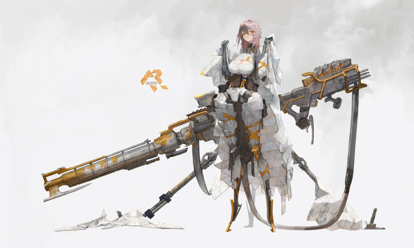 1girl absurdres armor breasts character_name cleavage cleavage_cutout cloak cloak_removed clothing_cutout exoskeleton full_body gloves grey_hair gun highres huge_weapon looking_at_viewer mecha_musume orange_eyes original oversized_object photoshop_(medium) shoulder_strap simple_background soha_(littlesummerpe) solo standing stilts tripod weapon