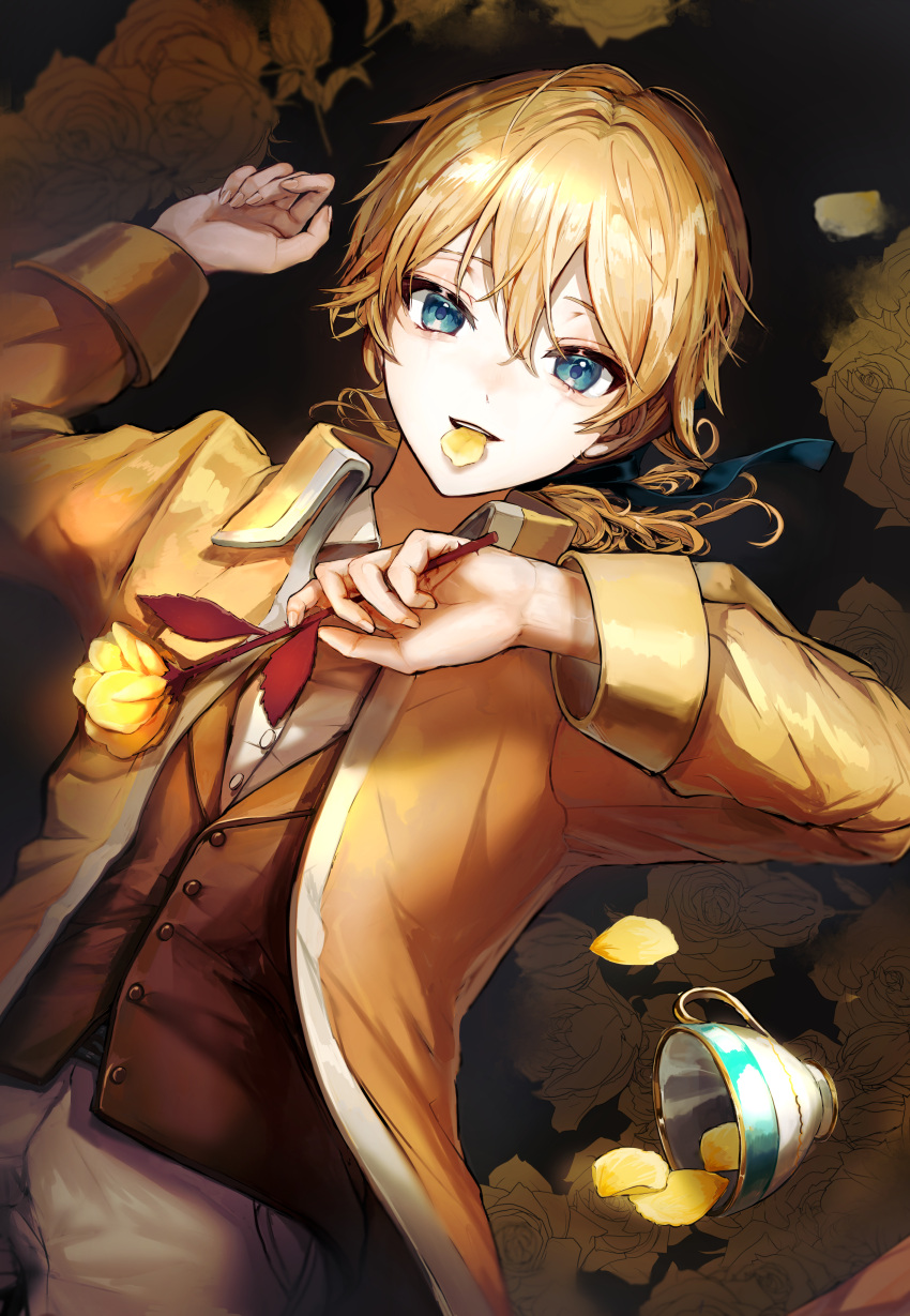 1boy absurdres aku_no_meshitsukai_(vocaloid) allen_avadonia aqua_eyes bleeding blonde_hair blood blood_on_hands coat commentary cup evillious_nendaiki floral_background flower hair_ribbon highres holding holding_flower injury jacket kagamine_len long_sleeves looking_at_viewer lying male_focus on_back open_clothes open_jacket petals petals_in_mouth pipi ponytail ribbon rose solo teacup thorns vocaloid yellow_flower yellow_jacket yellow_rose