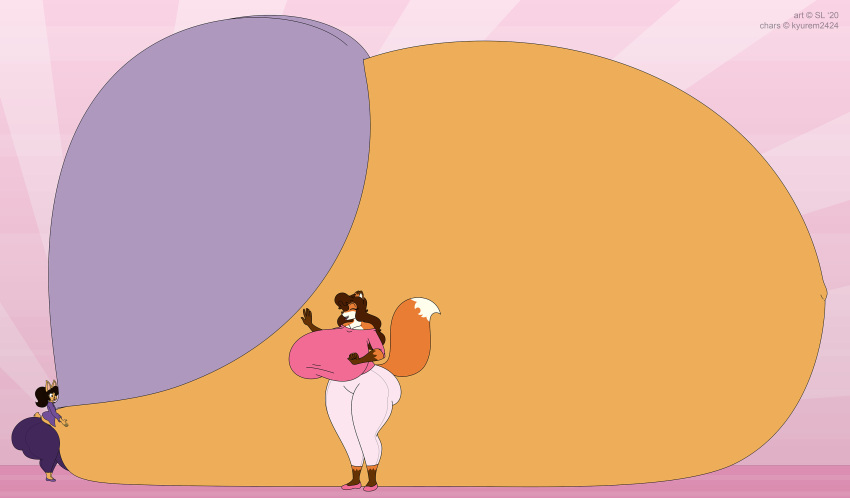 2020 angel_(kyurem2424) anthro belly big_belly big_breasts big_butt black_hair bottomwear breasts brown_hair butt canid canine clothing curvy_figure digital_media_(artwork) duo eyes_closed female footwear fox hair hand_on_stomach hi_res huge_breasts huge_butt huge_thighs hyper hyper_belly hyper_breasts hyper_pregnancy jacket lagomorph leporid macro mammal navel open_mouth outie_navel pants pregnant rabbit satsumalord shirt shoes thick_thighs topwear viola_(kyurem2424) voluptuous wide_hips