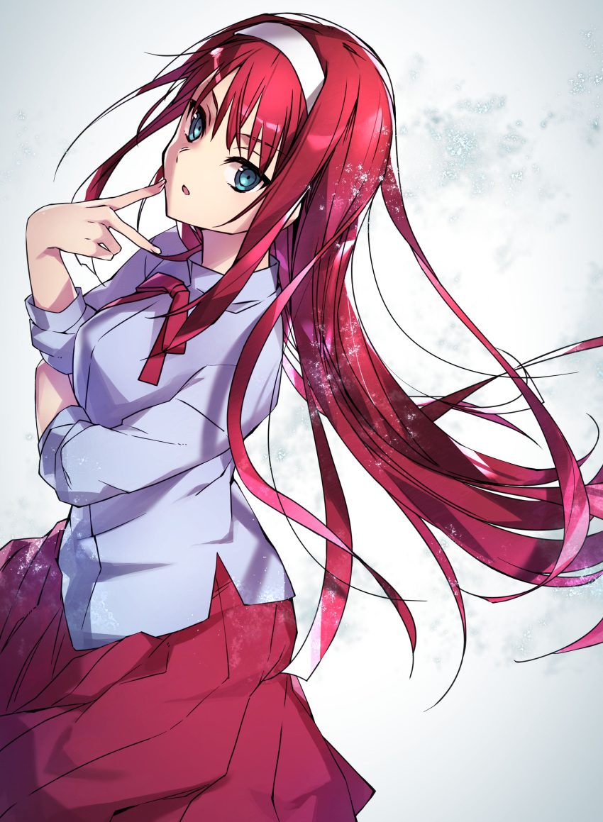 1girl absurdres aqua_eyes floating_hair grey_shirt hairband highres long_hair long_skirt long_sleeves neck_ribbon open_mouth pleated_skirt red_hair red_ribbon red_skirt ribbon shigure_(shigure_43) shiny shiny_hair shirt skirt solo standing tohno_akiha tsukihime very_long_hair white_hairband