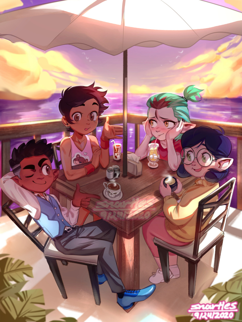 1boy 3girls amity_blight brown_eyes brown_hair dark-skinned_female dark_skin green_hair gus_porter highres luz_noceda multicolored_hair multiple_girls outdoors pointy_ears short_hair sitting smile snartles sweater table the_owl_house umbrella vest willow_park yellow_eyes