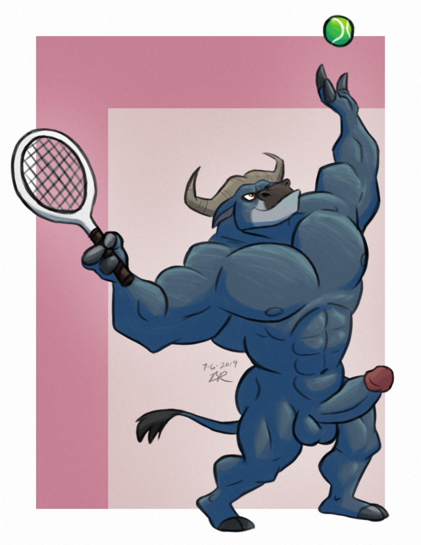 anthro ball bovid bovine cape_buffalo chief_bogo disney erection genitals gepredators hi_res male mammal muscular nipples nude penis serve solo tennis tennis_ball true_buffalo water_buffalo zootopia