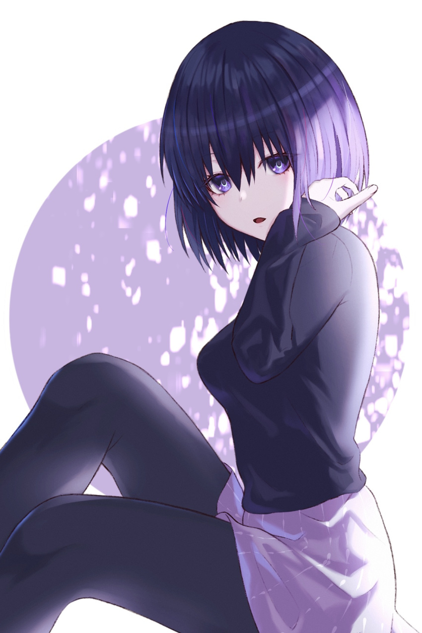 1girl bangs black_hair black_legwear black_sweater breasts commentary_request dande_cat eyebrows_visible_through_hair from_side hair_between_eyes hand_in_hair highres kuonji_alice long_sleeves looking_at_viewer mahou_tsukai_no_yoru medium_breasts miniskirt pantyhose purple_eyes purple_skirt short_hair sitting skirt solo sweater