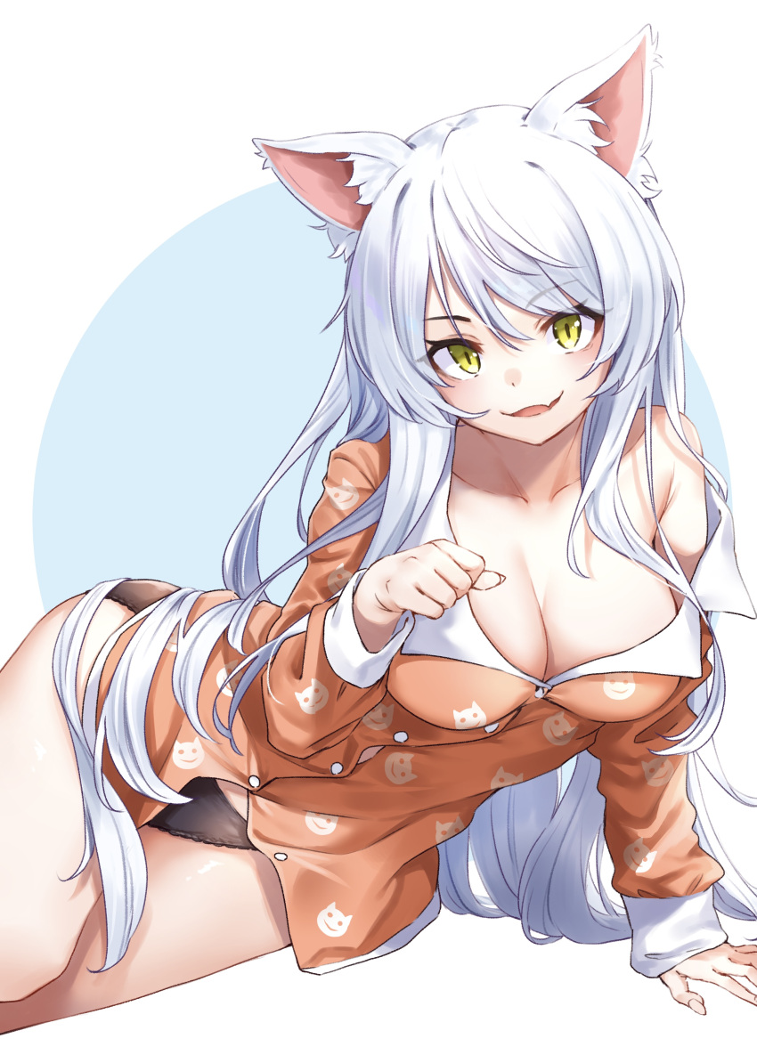 1girl absurdres animal_ear_fluff animal_ears animal_print bakemonogatari bare_shoulders black_hanekawa black_panties blue_background breasts cat_ears cat_girl cat_print cleavage eyebrows_visible_through_hair hanekawa_tsubasa highres large_breasts long_hair long_sleeves looking_at_viewer m.tokotsu monogatari_(series) off_shoulder open_mouth orange_pajamas pajamas panties print_pajamas smile solo two-tone_background underwear white_background white_hair yellow_eyes