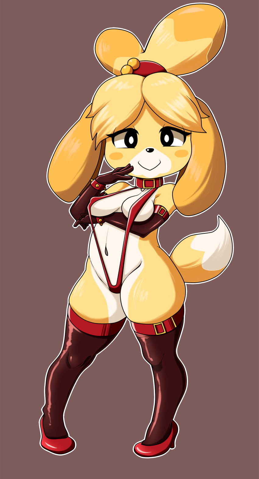 absurd_res aladeen animal_crossing anthro armwear big_breasts bikini breasts canid canine canis clothing collar domestic_dog elbow_gloves eliozdherion female gloves hand_under_breast handwear hi_res high_heels isabelle_(animal_crossing) legwear looking_at_viewer mammal nintendo simple_background sling_bikini smile solo swimwear thigh_highs video_games