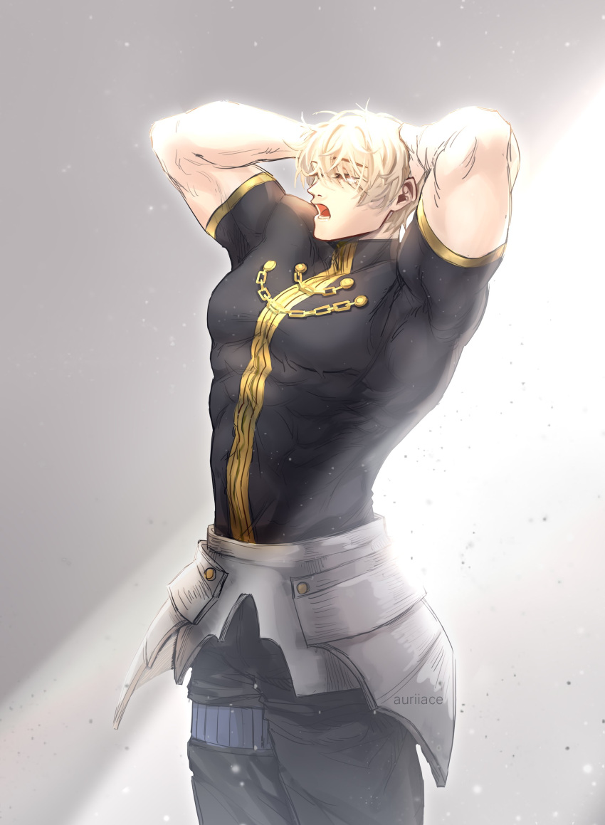 1boy absurdres arms_up auriiace bara blonde_hair commentary covered_abs fate/grand_order fate_(series) gawain_(fate) highres knights_of_the_round_table_(fate) large_pectorals male_focus mature_male muscular muscular_male open_mouth pectorals short_hair skin_tight