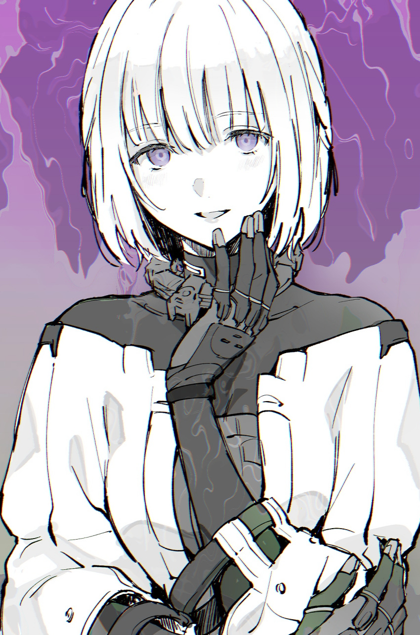 1girl bangs blush breasts commentary_request dm_owr eyebrows_visible_through_hair girls'_frontline gloves hair_between_eyes hand_on_own_cheek hand_on_own_face highres limited_palette looking_at_viewer medium_breasts open_mouth purple_background purple_eyes rpk-16_(girls'_frontline) short_hair smile solo tactical_clothes upper_body white_hair