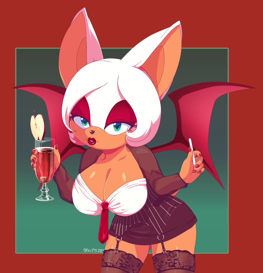 2022 absurd_res anthro apple bat_wings beverage breasts chiropteran cleavage clothed clothing colored_nails container cup eyeshadow female green_eyes hair hi_res holding_object legwear lipstick makeup mammal membrane_(anatomy) membranous_wings nails rouge_the_bat scittykitty sega solo sonic_the_hedgehog_(series) tan_body tan_skin white_hair wings