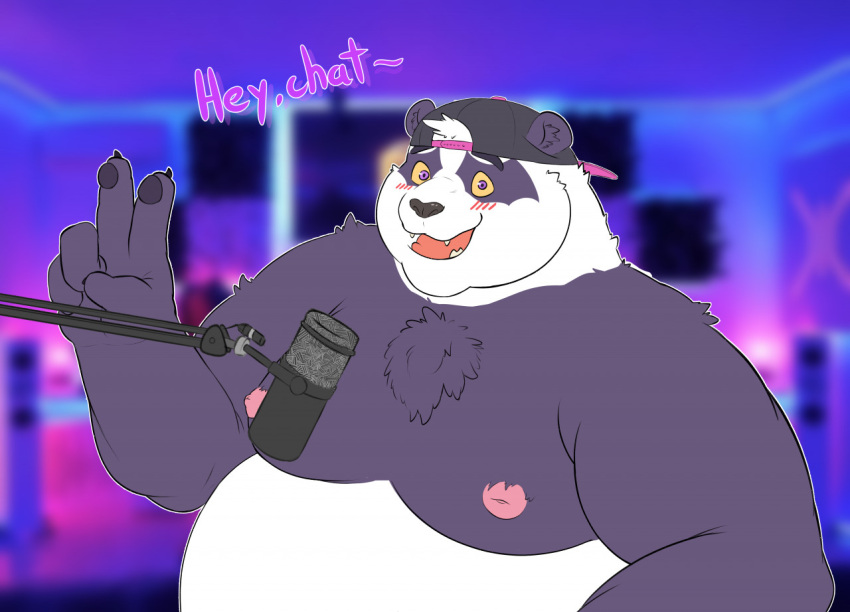 alp_(tas) anthro backwards_baseball_cap backwards_hat baseball_cap blush clothing embarrassed english_text fur giant_panda hat headgear headwear lifewonders male mammal moobs nipples overweight purple_body purple_fur satoshikumada solo streamer text tokyo_afterschool_summoners ursid video_games