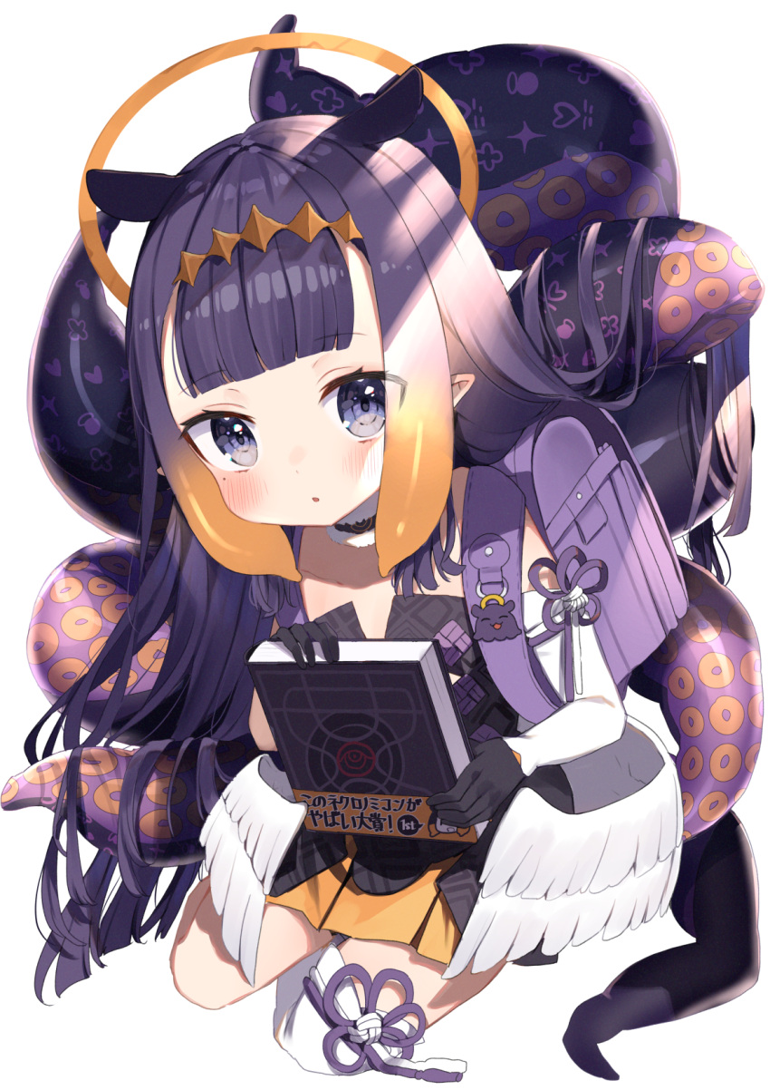 1girl animal_ears ao-chan_(ninomae_ina'nis) backpack bag bangs black_dress black_gloves blonde_hair blunt_bangs blush book detached_sleeves dress eyebrows_visible_through_hair full_body gloves halo highres holding holding_book hololive hololive_english long_hair long_sleeves looking_at_viewer low_wings multicolored_hair ninomae_ina'nis noi_mine parted_lips pointy_ears purple_hair sidelocks simple_background single_detached_sleeve single_thighhigh sitting solo streaked_hair tako_(ninomae_ina'nis) tentacles thighhighs very_long_hair virtual_youtuber white_background white_legwear wings younger