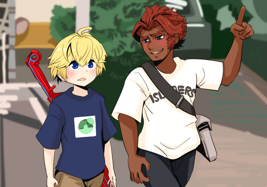 2boys ahoge bag bangs black_shorts blonde_hair blue_eyes blue_shirt blurry blurry_background blush clothes_writing cosplay cowboy_shot dark-skinned_male dark_skin day gram_9 hair_between_eyes highres male_focus manatsu_no_yo_no_inmu monado multiple_boys open_mouth outdoors red_hair reyn_(xenoblade) scene_reference shirt short_hair shorts shulk_(xenoblade) sword toono_(coat) toono_(coat)_(cosplay) weapon weapon_on_back white_shirt xenoblade_chronicles xenoblade_chronicles_(series) yajuu_senpai yajuu_senpai_(cosplay)