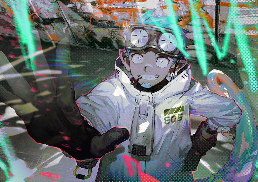 1boy aoki_(fumomo) arknights black_gloves blue_hair chameleon_tail coat colored_sclera dark-skinned_male dark_skin ethan_(arknights) facial_hair gloves goggles goggles_on_head graffiti grey_sclera grin hand_on_hip highres hood hood_down hooded_coat male_focus mouth_hold nose_tape oversized_zipper pointy_ears polka_dot smile solo tail teeth upper_body white_coat white_eyes zipper