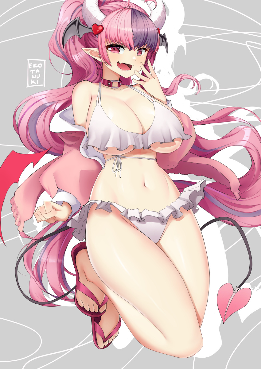 1girl absurdres bare_shoulders blush breasts erotanuki full_body hair_ornament highres horns huge_breasts ironmouse long_hair looking_at_viewer midriff navel open_mouth pink_eyes pink_hair sandals smile solo swimsuit tail underboob very_long_hair virtual_youtuber vshojo white_swimsuit