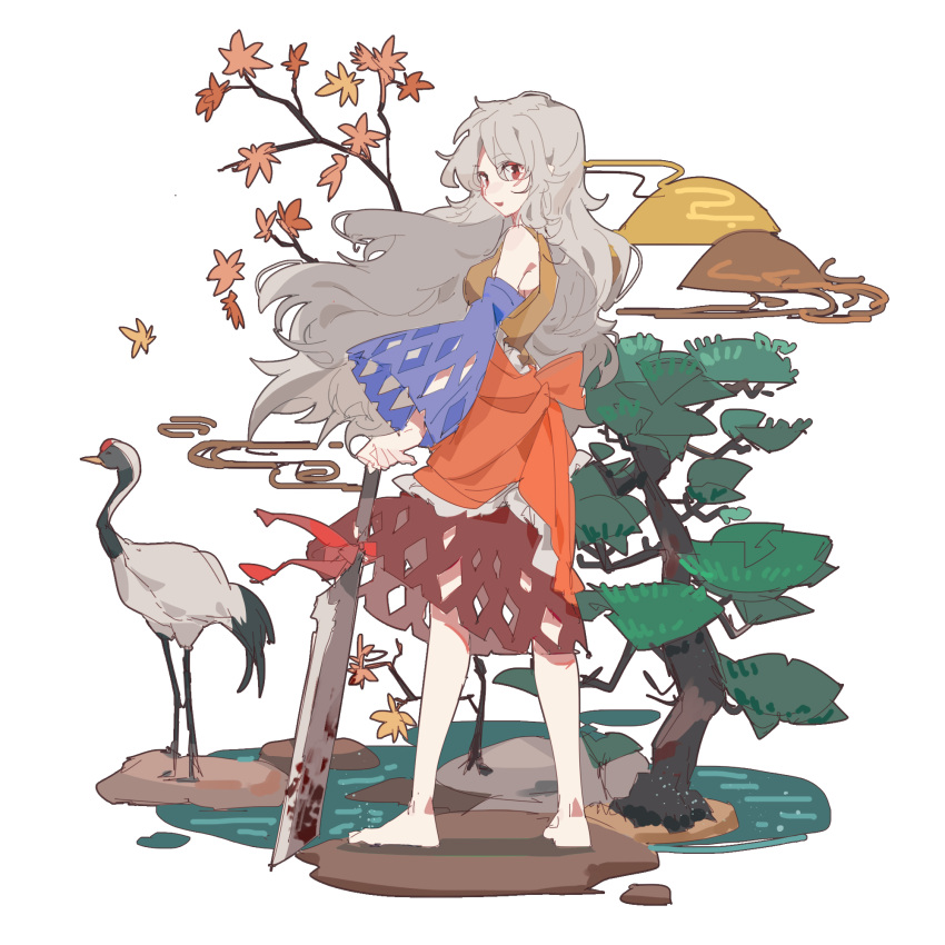 1girl :d aibivy animal argyle argyle_cutout arm_support autumn_leaves bangs bare_shoulders barefoot bird blood blood_on_weapon blue_sleeves brown_skirt clenched_hand clothing_cutout crane_(animal) detached_sleeves egasumi eyebrows_visible_through_hair eyes_visible_through_hair falling_leaves floating_hair from_behind full_body grey_hair hashitsuki_nata highres leaf legs_apart long_hair long_sleeves looking_at_viewer looking_back maple_leaf nata_(tool) outdoors parted_lips red-crowned_crane red_eyes red_ribbon ribbon rock sakata_nemuno skirt sleeveless smile solo touhou tree very_long_hair water wavy_hair weapon white_background wide_sleeves wind