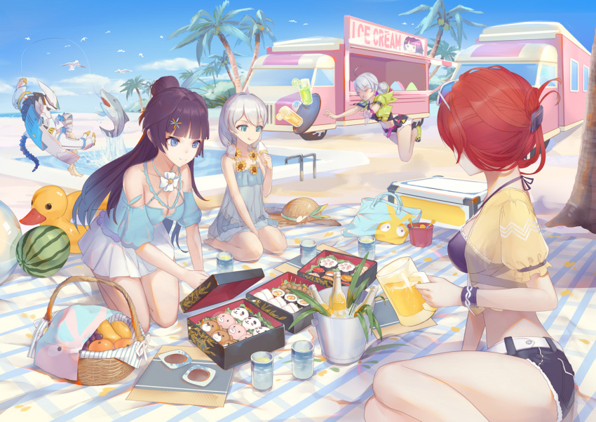 &gt;o&lt; 5girls alcohol bangs bare_shoulders basket beach beach_mat beer beer_mug bento blue_dress blue_sky bottle breasts bronya_zaychik bronya_zaychik_(valkyrie_chariot) bucket cleavage closed_mouth cup dress eyewear_on_head food fruit ground_vehicle holding holding_food honkai_(series) honkai_impact_3rd ice_cream innertube kiana_kaslana kiana_kaslana_(knight_moonbeam) liu_lan motor_vehicle mug multiple_girls murata_himeko murata_himeko_(scarlet_fusion) open_mouth outdoors palm_tree ponytail project_bunny purple_eyes purple_hair raiden_mei raiden_mei_(valkyrie_bladestrike) seiza shark sitting sky smile sundress sunglasses swimsuit theresa_apocalypse theresa_apocalypse_(valkyrie_pledge) tree truck water watermelon white_hair wine wine_bottle