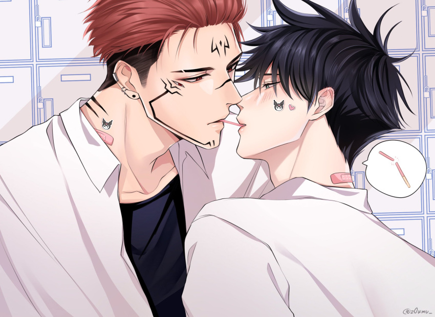 2boys bandaid bangs black_hair blush collared_shirt extra_eyes facial_tattoo food fushiguro_megumi green_eyes highres indoors jujutsu_kaisen kuromi locker male_focus multiple_boys open_clothes pink_hair pocky pocky_kiss red_eyes ryoumen_sukuna_(jujutsu_kaisen) sanrio school_uniform shared_food shirt short_hair spiked_hair sticker tattoo twitter_username undercut white_shirt yaoi z0umu