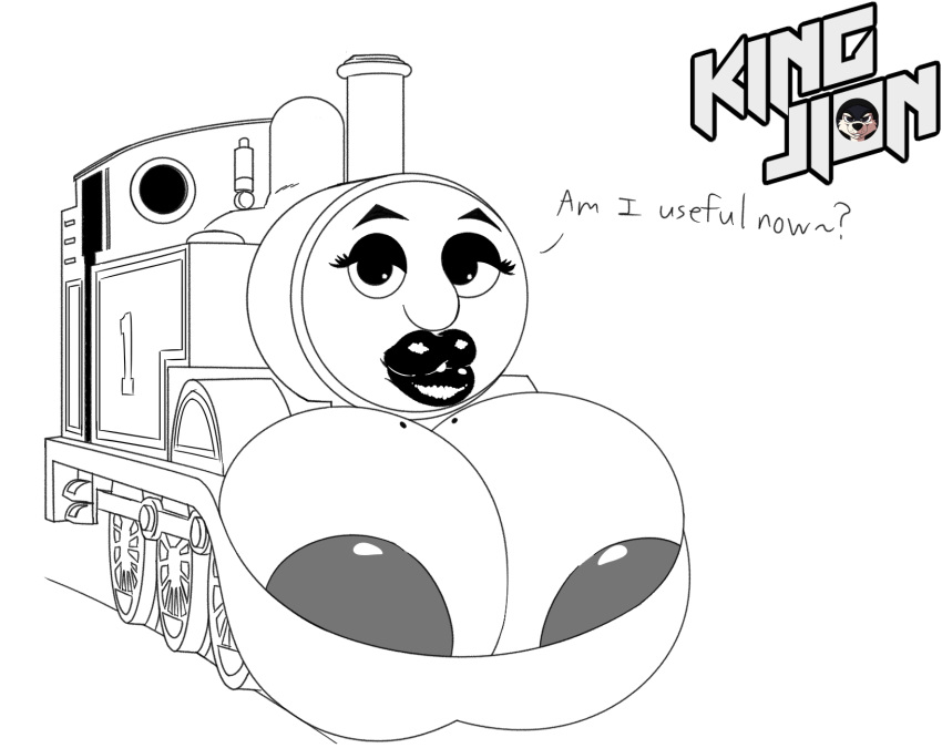 ambiguous_gender areola big_areola big_breasts black_and_white breasts cleavage clothed clothing cursed cursed_image hi_res kingfurryjion lips living_machine locomotive looking_at_viewer machine makeup mattel monochrome nipple_slip simple_background solo thick_lips thomas_and_friends thomas_the_tank_engine train vehicle what what_has_science_done white_background why