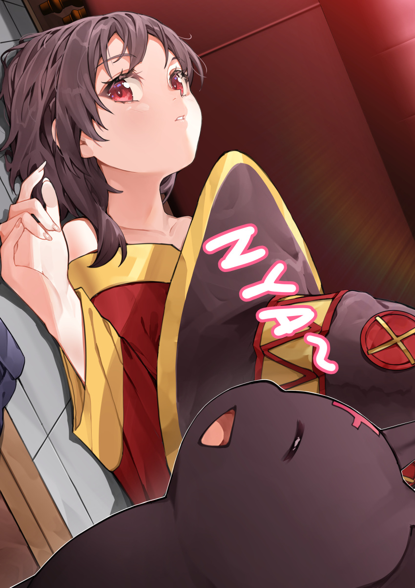 1girl absurdres ai-nohikari bangs bare_shoulders black_hair black_headwear cat chomusuke dress hand_up hat hat_removed headwear_removed highres kono_subarashii_sekai_ni_shukufuku_wo! long_sleeves looking_at_viewer lying megumin off-shoulder_dress off_shoulder on_back parted_lips red_dress red_eyes short_hair solo upper_body witch_hat