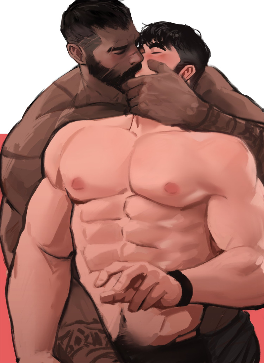 2boys abs bara beard dark-skinned_male dark_skin facial_hair highres jang_ju_hyeon kiss large_pectorals male_focus mature_male multiple_boys muscular muscular_male navel nipples original pectorals stomach topless topless_male