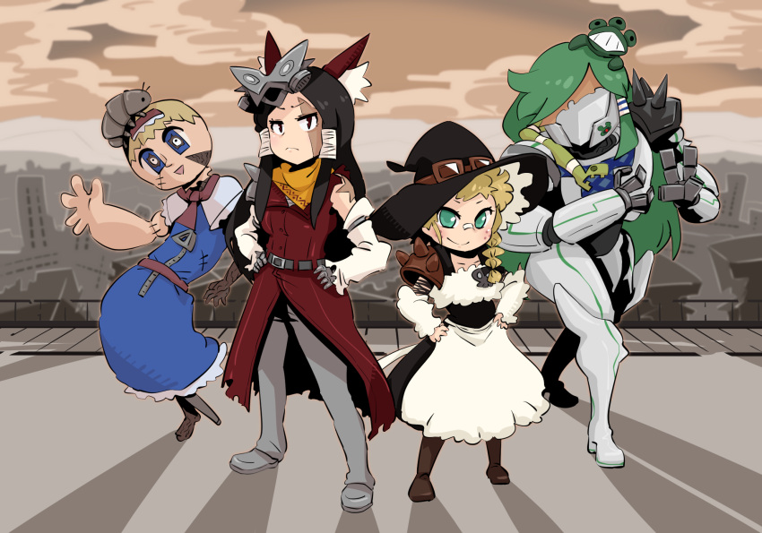 4girls alice_margatroid android apron armor bandaid bandaid_on_face bandaid_on_nose bangs big_roach_(cookie) black_dress black_hair black_headwear blonde_hair blue_dress boots bow braid brown_footwear brown_sky bug closed_mouth coat cockroach commentary_request cookie_(touhou) creature_on_head detached_sleeves dress faceless faceless_female fallout_(series) full_body ghoul_(fallout) goggles goggles_on_headwear gram_9 green_eyes green_hair grey_pants hair_bow hakurei_reimu hat highres kirisame_marisa kochiya_sanae lemi_(cookie) long_hair looking_at_viewer mask mask_on_head multiple_girls neckerchief open_mouth outdoors pants pauldrons post-apocalypse red_bow red_coat red_eyes red_neckerchief red_sash robot ruins sash scarf shoes short_hair shoulder_armor side_braid single_braid sleeveless_coat smile socha_(cookie) spiked_pauldrons standing touhou waist_apron white_apron white_sleeves witch_hat yellow_scarf yuki_haruka zakuro_ishi zipper