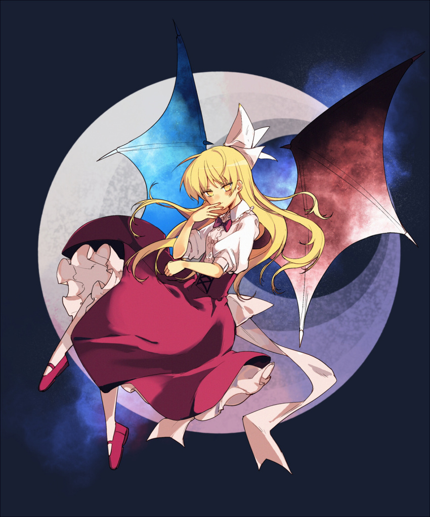 back_bow bat_wings blonde_hair bow bowtie center_frills collared_shirt commentary_request crescent_moon frilled_skirt frills full_body hair_ribbon highres kurumi_(touhou) long_hair mary_janes moon puffy_short_sleeves puffy_sleeves red_bow red_bowtie red_footwear red_skirt ribbon shirt shoes short_sleeves skirt touhou touhou_(pc-98) white_bow white_ribbon white_shirt wings yorktown_cv-5