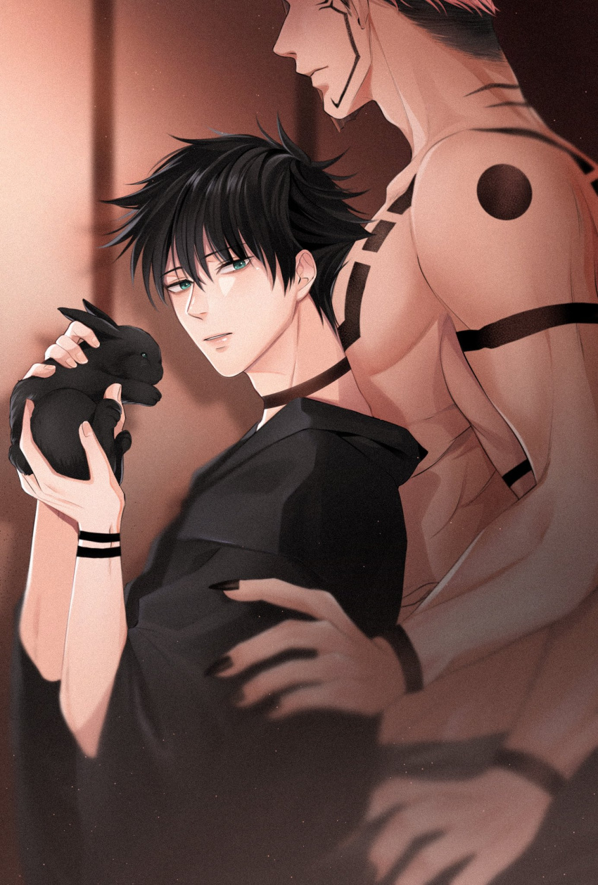 2boys abs animal arm_tattoo bangs behind_another belt black_hair black_nails black_pants blurry bunny chest_tattoo extra_arms fushiguro_megumi green_eyes highres holding holding_animal japanese_clothes jujutsu_kaisen kimono looking_at_viewer male_focus multiple_boys muscular muscular_male neck_tattoo pants parted_lips pectorals pink_hair ryoumen_sukuna_(jujutsu_kaisen) shirt short_hair shoulder_tattoo size_difference spiked_hair tattoo topless_male white_shirt wide_sleeves z0umu