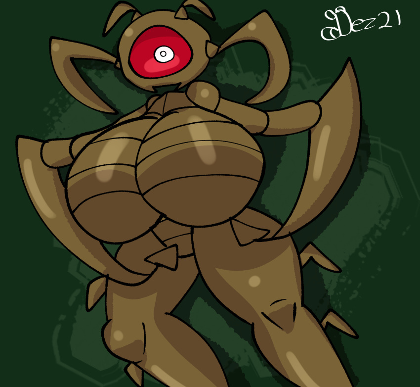 1_eye antennae_(anatomy) anthro arthropod big_breasts big_butt breasts brown_body butt cyclops demon dezmine21 digital_media_(artwork) featureless_breasts featureless_crotch female glistening glistening_body glistening_eyes green_background hi_res huge_breasts insect looking_at_viewer miladox_(tails_gets_trolled) non-mammal_breasts not_furry nude pincers pupils red_eyes red_sclera shaded signature simple_background solo tails_gets_trolled thick_thighs white_eyes white_pupils wide_hips