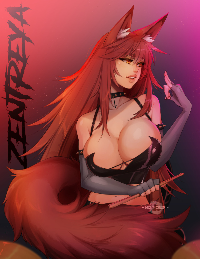 2022 absurd_res animal_humanoid armwear big_breasts black_clothing black_topwear breasts canid canid_humanoid canine canine_humanoid clothing collar cross cymbals devil_horns_(gesture) digital_media_(artwork) drumstick_(disambiguation) elbow_gloves female fingerless_gloves fluffy fluffy_tail fur gesture gloves gradient_background grey_clothing grey_gloves grey_handwear hair handwear hi_res humanoid inner_ear_fluff inverted_cross long_hair mammal mammal_humanoid musical_instrument navel nightcreepmax percussion_instrument red_body red_fur red_hair simple_background solo spiked_collar spikes teeth text topwear tuft virtual_youtuber vshojo watermark white_body white_fur wolf_humanoid yellow_eyes zentreya