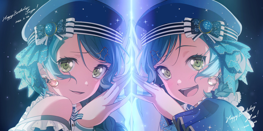 2girls :d absurdres alternate_hairstyle aqua_hair arm_up bang_dream! bangs bare_shoulders beret black_background blue_bow blue_capelet blue_headwear blue_ribbon bow bow_earrings braid buttons capelet character_name commentary constellation_hair_ornament dated earrings eyebrows_visible_through_hair fingers_together frilled_shirt_collar frilled_sleeves frills from_side gradient gradient_background green_eyes hair_bow hair_ornament hair_over_shoulder hand_up happy_birthday hat hat_bow highres hikawa_hina hikawa_sayo jewelry light_blush light_particles long_hair long_sleeves looking_at_viewer looking_to_the_side multiple_girls neck_ribbon nobusawa_osamu open_mouth parted_lips portrait print_bow print_capelet ribbon shirt short_hair siblings side_braids single_braid sisters smile star_(sky) star_(symbol) star_earrings starry_sky_print striped striped_bow striped_ribbon swept_bangs teeth twin_braids twins upper_teeth white_shirt