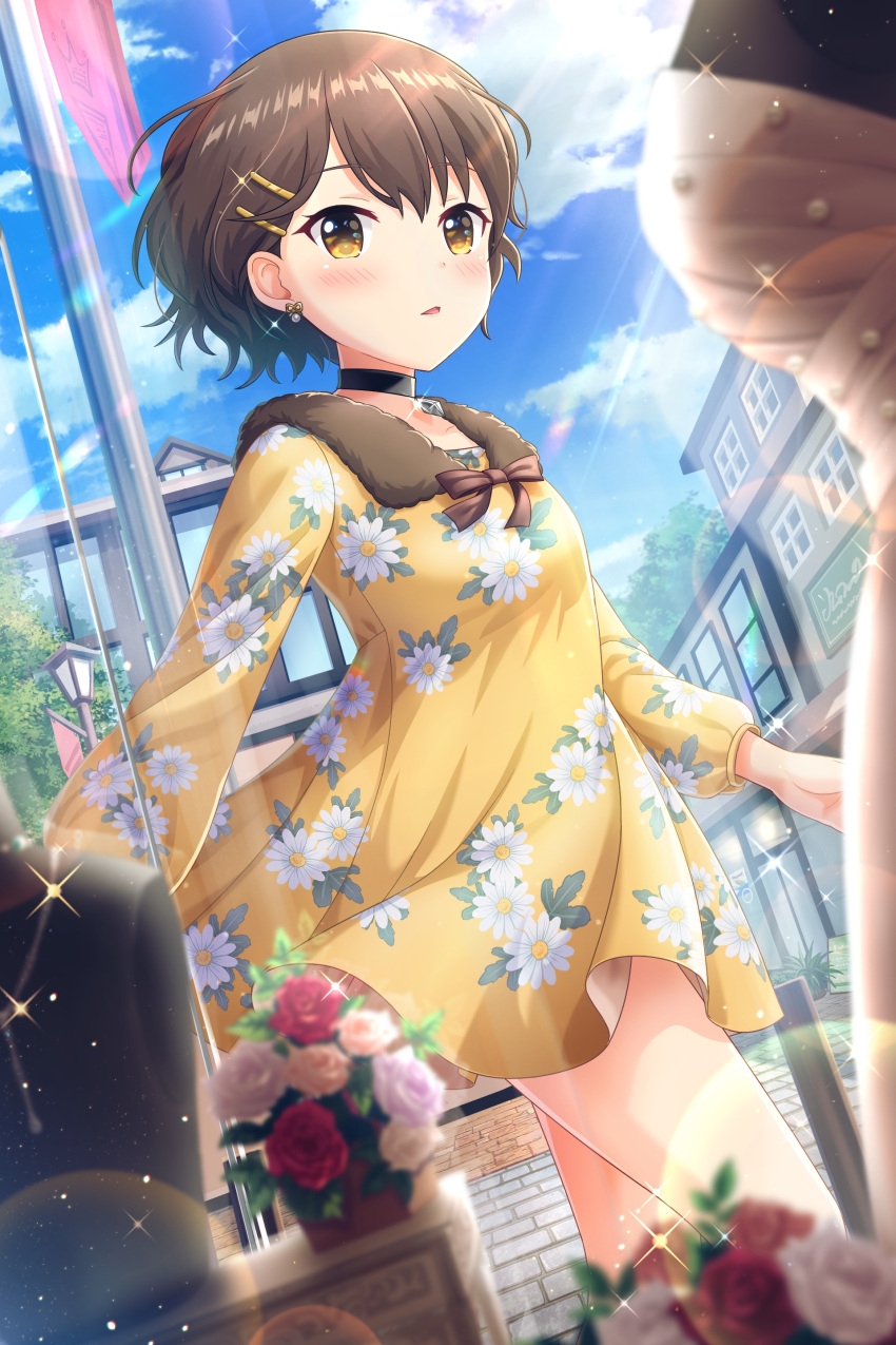 1girl absurdres alternative_girls bow breasts brown_bow brown_hair day dress earrings eyebrows_visible_through_hair floral_print flower highres jewelry long_sleeves looking_at_viewer official_art outdoors rose short_hair small_breasts solo standing tachibana_naomi yellow_dress yellow_eyes