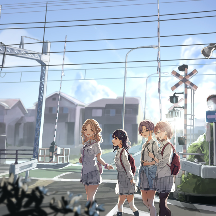 4girls absurdres asakura_tooru backpack bag bangs black_hair black_legwear black_neckwear blue_jacket blue_sky blurry blurry_background breast_pocket brown_hair building clothes_around_waist cloud day earrings flower fukumaru_koito gradient_hair grey_skirt hair_flower hair_ornament hair_ribbon highres higuchi_madoka ichikawa_hinana idolmaster idolmaster_shiny_colors jacket jacket_around_waist jewelry lamppost long_hair long_sleeves loose_necktie medium_hair miniskirt multicolored_hair multiple_girls neck_ribbon necktie noctchill_(idolmaster) outdoors overhead_line pantyhose parted_bangs pekoni_(peconi) pen_in_pocket plaid plaid_skirt pleated_skirt pocket power_lines purple_eyes railroad_crossing railroad_signal ribbon road road_sign school_uniform scrunchie shirt short_hair short_sleeves side_bun sign skirt sky sleeves_rolled_up street sunlight twintails white_legwear white_shirt wrist_scrunchie