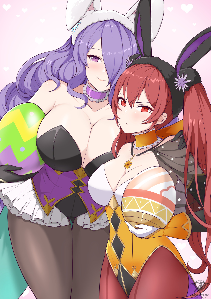 2girls absurdres animal_ears bare_shoulders black_gloves black_legwear breasts camilla_(fire_emblem) camilla_(spring)_(fire_emblem) cleavage collarbone detached_collar easter_egg egg fake_animal_ears fire_emblem fire_emblem_awakening fire_emblem_fates gloves hair_between_eyes hair_over_one_eye hand_on_another's_shoulder height_difference highres holding holding_egg jewelry kaos_art large_breasts leotard looking_at_viewer multiple_girls necklace pantyhose purple_eyes purple_hair red_eyes red_hair red_legwear severa_(fire_emblem) strapless strapless_leotard twintails white_gloves