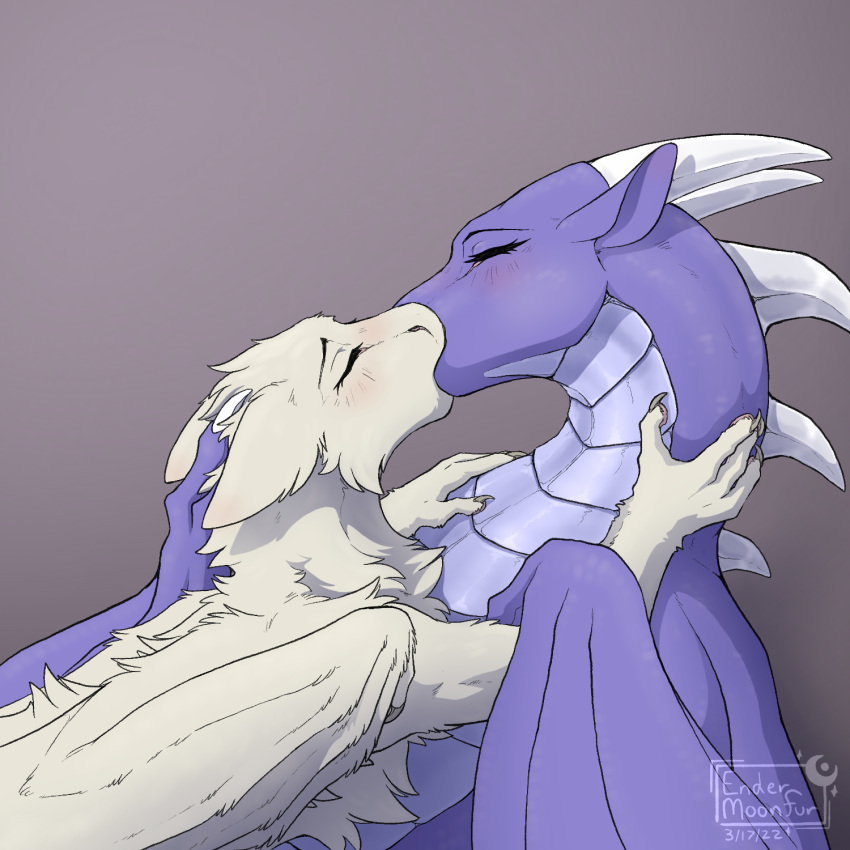 blush caress caressing cuddling dragon duo ears_down embrace endermoonfur eyes_closed female female/female feral hi_res horn pivoted_ears purple_body white_body wings wyvern