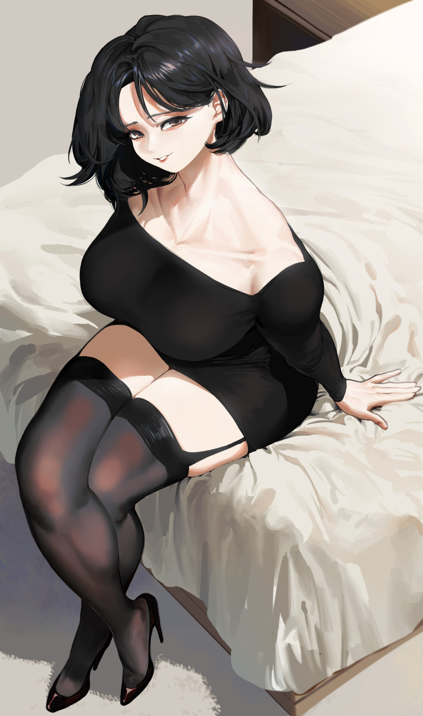 1girl absurdres bangs bed black_dress black_footwear black_hair bob_cut breasts collarbone crossed_legs dress from_above garter_straps ghdwid high_heels highres large_breasts legs long_sleeves looking_at_viewer mature_female on_bed original short_hair sitting sitting_on_bed smile solo thick_thighs thighhighs thighs zettai_ryouiki