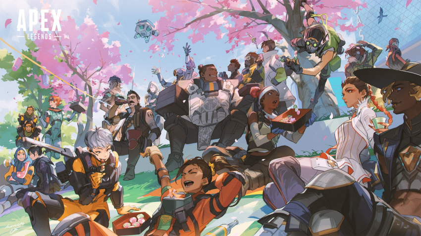 1other 6+boys 6+girls android apex_legends ash_(titanfall_2) bangalore_(apex_legends) beige_gloves bird black_bodysuit black_footwear black_headwear black_scarf blonde_hair bloodhound_(apex_legends) blue_bodysuit blue_eyes blue_jacket bodysuit boots braid breasts camera caustic_(apex_legends) cherry_blossoms cropped_jacket crossed_legs crow crypto_(apex_legends) d.o.c._health_drone dango dark-skinned_female dark-skinned_male dark_skin double_bun dreadlocks everyone facial_hair floating_hair food fuse_(apex_legends) gibraltar_(apex_legends) goggles green_scarf grey_hair hack_(apex_legends) hair_behind_ear hand_in_pocket highres holding holding_camera holding_stuffed_toy hood hood_up horizon_(apex_legends) humanoid_robot iwamoto_zerogo jacket jetpack knee_boots knee_pads lifeline_(apex_legends) loba_(apex_legends) long_hair looking_down looking_up mad_maggie_(apex_legends) mask medium_breasts mirage_(apex_legends) missile_pod mouth_mask multiple_boys multiple_girls mustache navel nessie_(respawn) octane_(apex_legends) official_art olympus_(apex_legends) open_hands open_mouth orange_bodysuit orange_hair pants pathfinder_(apex_legends) ponytail promotional_art rampart_(apex_legends) red_hair revenant_(apex_legends) scarf seer_(apex_legends) short_hair simulacrum_(titanfall) sitting sky smile soul_patch stretch stuffed_toy tree twin_braids v-shaped_eyebrows valkyrie_(apex_legends) wagashi wattson_(apex_legends) white_bodysuit white_jacket white_pants wraith_(apex_legends)