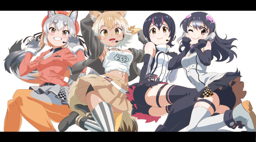 1girl 4girls african_penguin_(kemono_friends) american_flag animal_ears asymmetrical_legwear bare_shoulders beige_skirt belt bike_shorts_under_skirt black_gloves black_hair black_jacket black_legwear black_shirt black_skirt blonde_hair blush choker claw_pose collared_shirt commentary_request coyote_(kemono_friends) coyote_ears coyote_girl coyote_tail elbow_gloves extra_ears eyebrows_visible_through_hair fox_ears fox_girl fox_tail fur_trim garter_straps gloves grey_gloves grey_hair grey_legwear grey_skirt headphones high_collar highres humboldt_penguin_(kemono_friends) island_fox_(kemono_friends) jacket kemono_friends kemono_friends_v_project long_sleeves looking_at_viewer microphone midriff multicolored_hair multiple_girls navel necktie official_alternate_costume one_eye_closed open_clothes open_jacket orange_hair orange_jacket orange_legwear pantyhose penguin_girl penguin_tail pink_hair pleated_skirt purple_hair shirt short_hair skirt sleeveless spaghetti_strap streaked_hair striped striped_legwear sweater tail thighhighs twintails two-tone_hair two-tone_legwear white_belt white_choker white_fur white_hair white_legwear white_necktie white_shirt white_sweater yamaguchi_yoshimi yellow_eyes yellow_legwear zettai_ryouiki