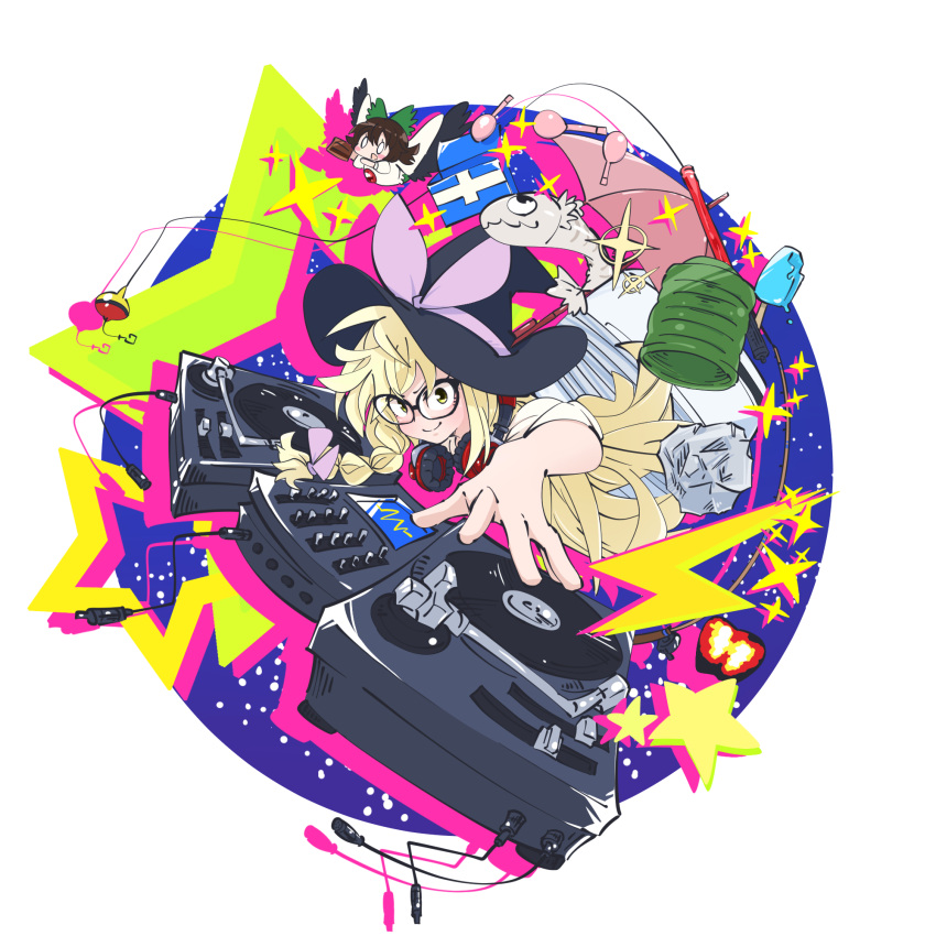 2girls apple_(inmu) bangs black-framed_eyewear black_headwear blonde_hair blush bow brown_hair closed_mouth commentary cookie_(touhou) cup dj enema fish fishing_rod food glasses gram_9 green_bow hair_bow hat headphones headphones_around_neck highres kirisame_marisa long_hair looking_at_viewer manatsu_no_yo_no_inmu multiple_girls nadeko_(cookie) pink_bow popsicle reiuji_utsuho rock shirt smile solo_focus star_(symbol) touhou traffic_baton turntable upper_body uzuki_(cookie) white_shirt witch_hat yellow_eyes yunomi