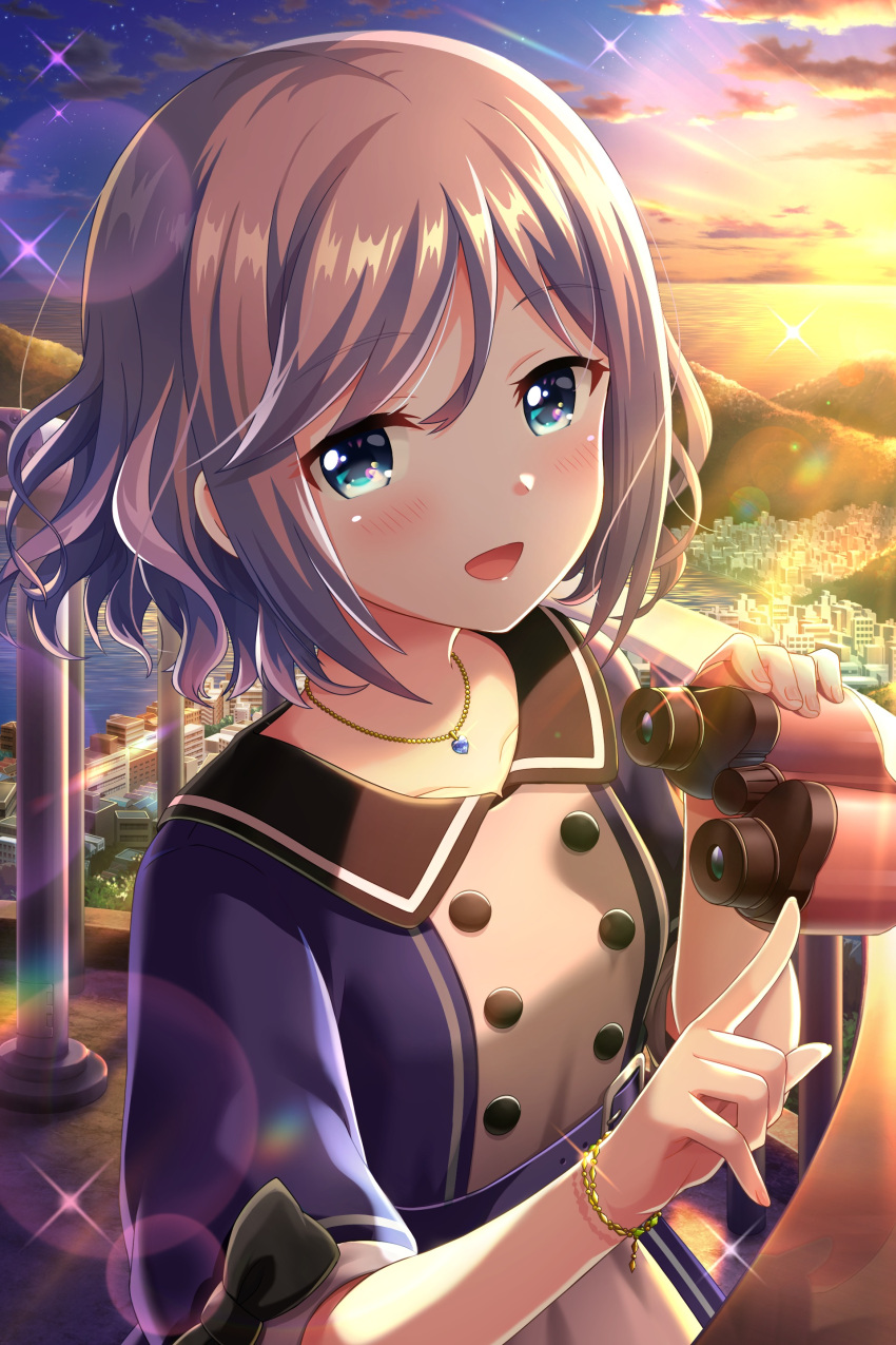 1girl absurdres alternative_girls binoculars black_bow blue_eyes bow city dress eyebrows_visible_through_hair grey_hair heart heart_necklace highres holding holding_binoculars jewelry looking_at_viewer medium_hair official_art open_mouth orimiya_yui outdoors smile solo sunset