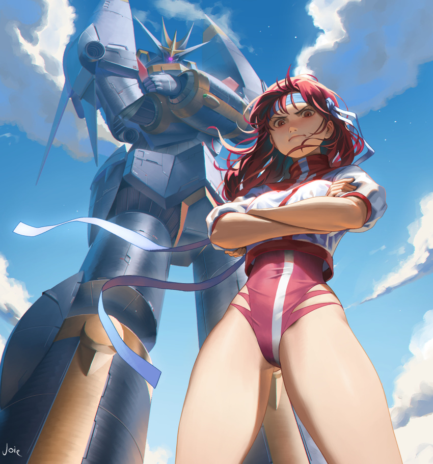 1girl absurdres artist_name blue_headband blue_sky brown_eyes crossed_arms day from_below gunbuster gunbuster_pose headband highres joie leotard looking_at_viewer looking_down mecha pink_leotard red_hair signature sky takaya_noriko top_wo_nerae!