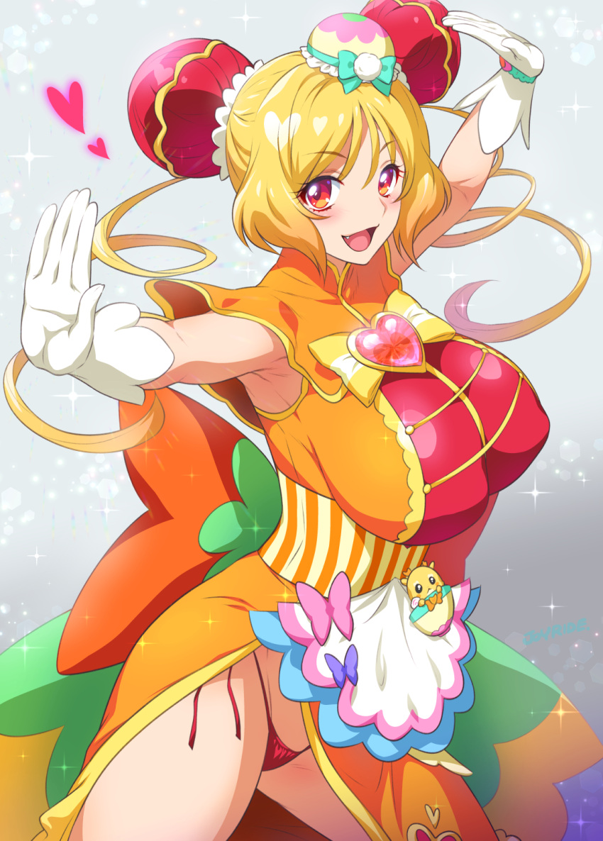 :d alternate_breast_size armpits blonde_hair breasts commentary commentary_request cure_yum-yum delicious_party_precure double_bun eyebrows_visible_through_hair gloves gradient gradient_background grey_background hanamichi_ran heart highres joy_ride large_breasts looking_at_viewer mem-mem_(precure) panties precure red_panties short_hair smile thighs underwear white_gloves