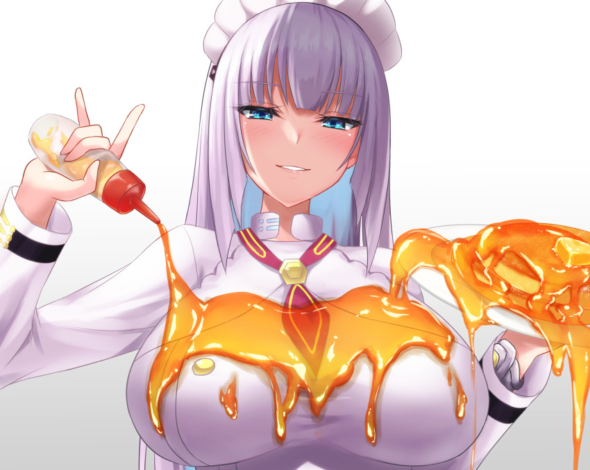 1girl bangs blue_eyes blush bottle breasts chef chef_uniform dirty dirty_clothes eyebrows_visible_through_hair food food_on_body highres holding holding_bottle honey koidora large_breasts last_origin long_hair looking_at_viewer maid_headdress messy naughty_face pancake plate pouring_onto_self silver_hair simple_background smile solo sowan_(last_origin) teeth upper_body white_background