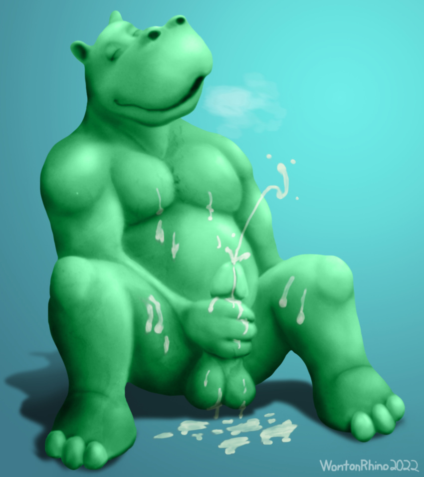 anthro balls belly blue_background bodily_fluids breath clay cum ears_up eyes_closed genital_fluids genitals green_body hand_on_penis hi_res male masturbation moobs nude nude_male overweight overweight_anthro overweight_male penis simple_background sitting smile solo wontonrhino