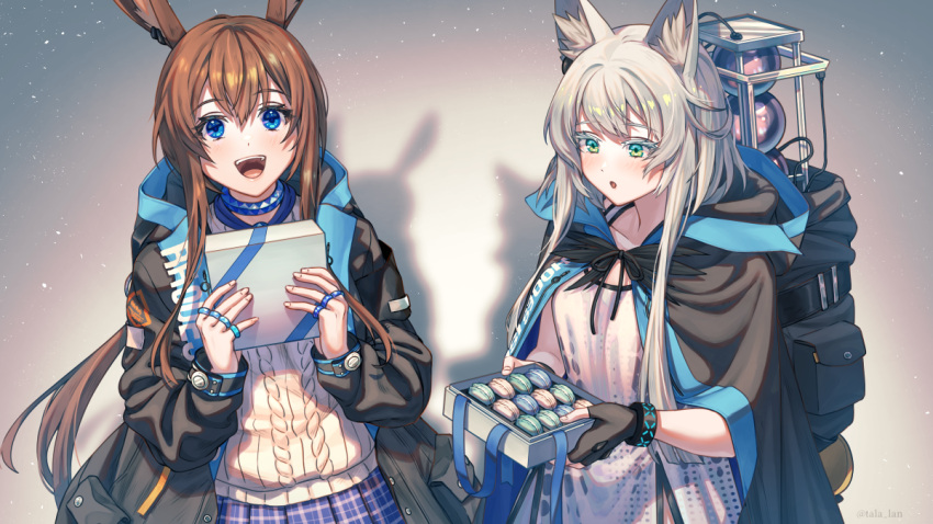 2girls :d :o amiya_(arknights) animal_ear_fluff animal_ears arknights bangs black_gloves black_jacket blue_eyes blue_skirt blush box brown_hair cat_ears cat_girl cloak dress ear_piercing earpiece eyebrows_visible_through_hair food gift gift_box gloves green_eyes hair_between_eyes holding holding_gift hood hood_down hooded_cloak hooded_jacket infection_monitor_(arknights) jacket jewelry long_hair long_sleeves low_ponytail macaron multiple_girls open_clothes open_jacket open_mouth parted_lips piercing plaid plaid_skirt pleated_skirt puffy_long_sleeves puffy_sleeves rabbit_ears rabbit_girl ribbed_shirt ring rosmontis_(arknights) shirt silver_hair skirt sleeves_past_wrists smile tanagawa_makoto white_day white_dress white_shirt