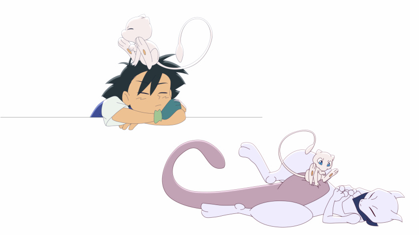 ambiguous_gender animated ash_ketchum black_hair blue_eyes clothing fur gloves grey_body grey_skin hair hand_on_chest handwear hi_res legendary_pok&eacute;mon lying male mew mewtwo nintendo on_back pink_body pink_fur pink_skin pok&eacute;mon pok&eacute;mon_(species) scarf simple_background sleeping tc-96 video_games