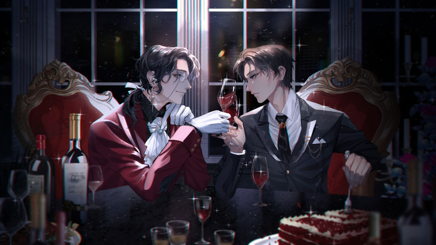 2boys alcohol amon_(lord_of_the_mysteries) angel black_eyes black_hair black_jacket black_necktie black_shirt bottle brown_eyes brown_hair cake cup dark drinking_glass earrings eating food fork glass gloves highres indoors jacket jewelry klein_moretti long_sleeves looking_at_another lord_of_the_mysteries monocle multiple_boys mxcyc neckerchief necktie night night_sky parted_lips plant red_jacket seat shirt short_hair sitting sky smile table teeth white_gloves white_neckerchief white_shirt window wine wine_bottle wine_glass